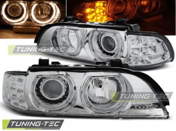 Scheinwerfer Angel Eyes passend für BMW 5er E39 Bj. 95-00 Chrom mit LED Blinker