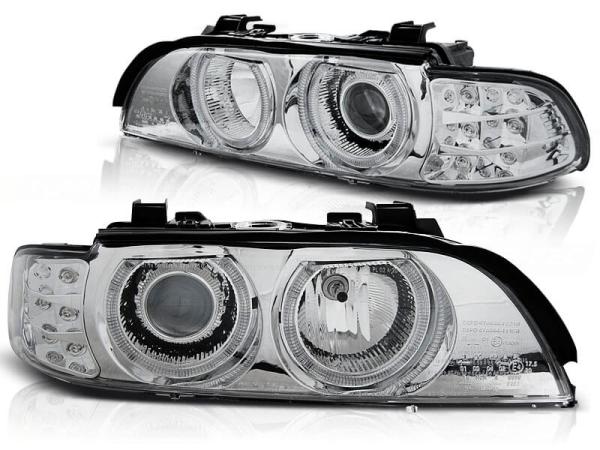 Scheinwerfer Angel Eyes passend für BMW 5er E39 Bj. 95-00 Chrom mit LED Blinker