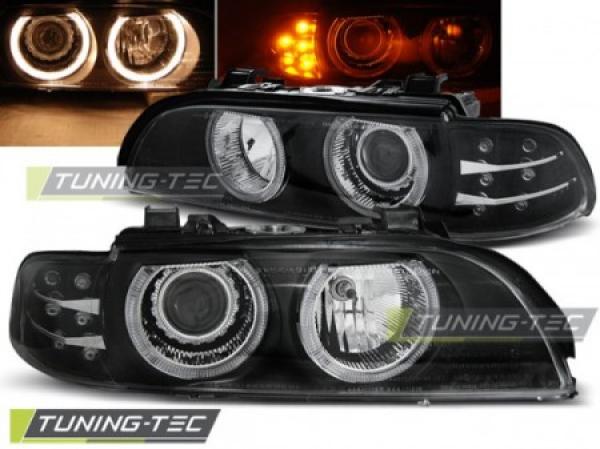 Scheinwerfer Angel Eyes passend für BMW 5er E39 Bj. 95-00 Schwarz mit LED Blinker