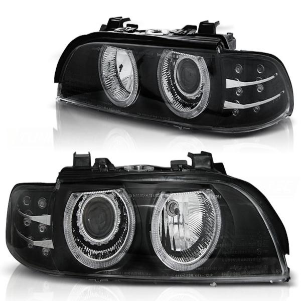Scheinwerfer Angel Eyes passend für BMW 5er E39 Bj. 95-00 Schwarz mit LED Blinker