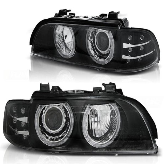 Scheinwerfer Angel Eyes passend für BMW 5er E39 Bj. 95-00 Schwarz mit LED Blinker