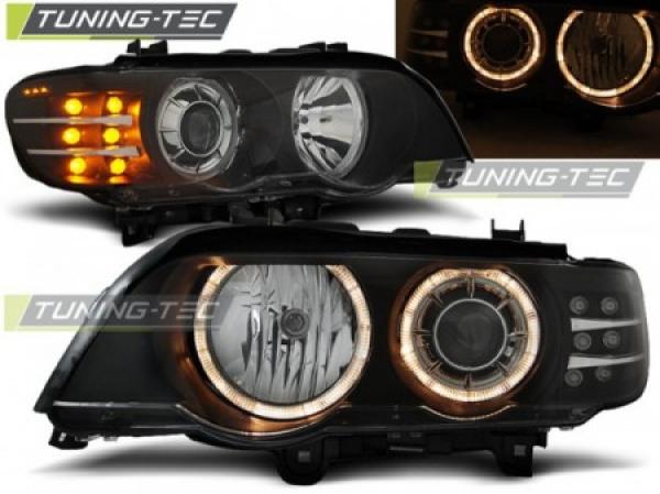 Scheinwerfer Angel Eyes passend für BMW X5 E53 Bj. 99-03 Schwarz mit LED Blinker