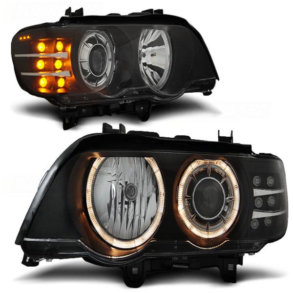 Scheinwerfer Angel Eyes passend für BMW X5 E53 Bj. 99-03 Schwarz mit LED Blinker