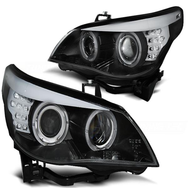 Scheinwerfer Angel Eyes passend für BMW 5er E60 E61 Bj. 03-07 Schwarz mit LED Blinker