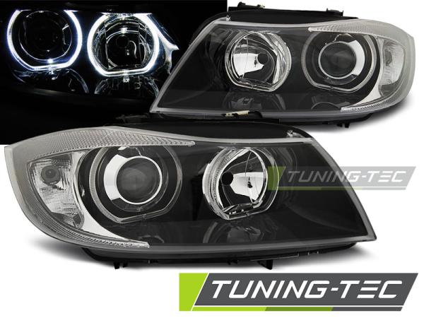 Scheinwerfer Angel Eyes passend für BMW E90/E91 Bj. 03/2005-2008 Schwarz weiße LED Ringe