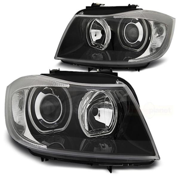 Scheinwerfer Angel Eyes passend für BMW E90/E91 Bj. 03/2005-2008 Schwarz weiße LED Ringe