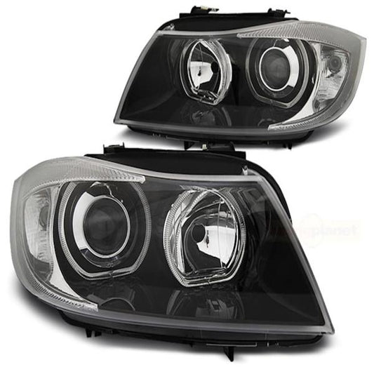 Scheinwerfer Angel Eyes passend für BMW E90/E91 Bj. 03/2005-2008 Schwarz weiße LED Ringe
