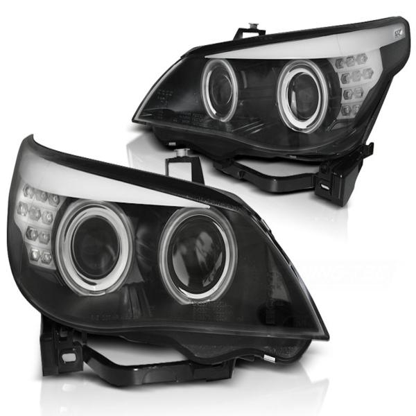Scheinwerfer CCFL Angel Eyes passend für BMW 5er E60 E61 03-07 Schwarz mit LED Blinker