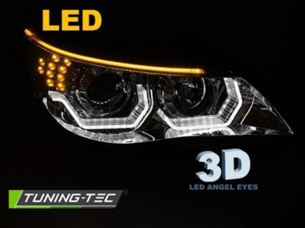 Scheinwerfer 3D Angel Eyes passend für BMW 5er E60 E61 Bj. 03-07 Chrom mit LED Blinker