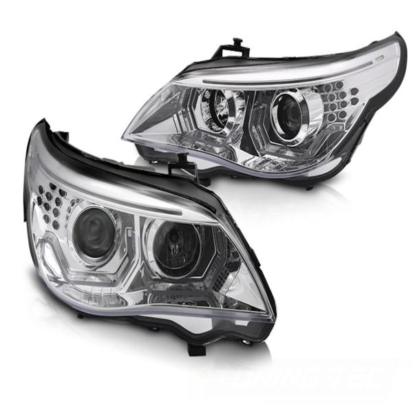 Scheinwerfer 3D Angel Eyes passend für BMW 5er E60 E61 Bj. 03-07 Chrom mit LED Blinker