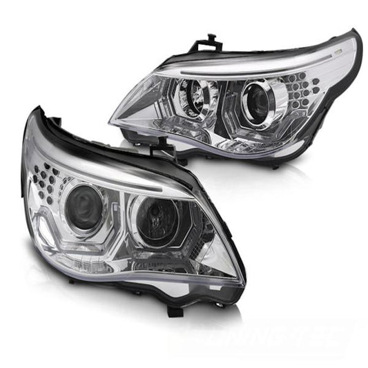 Scheinwerfer 3D Angel Eyes passend für BMW 5er E60 E61 Bj. 03-07 Chrom mit LED Blinker