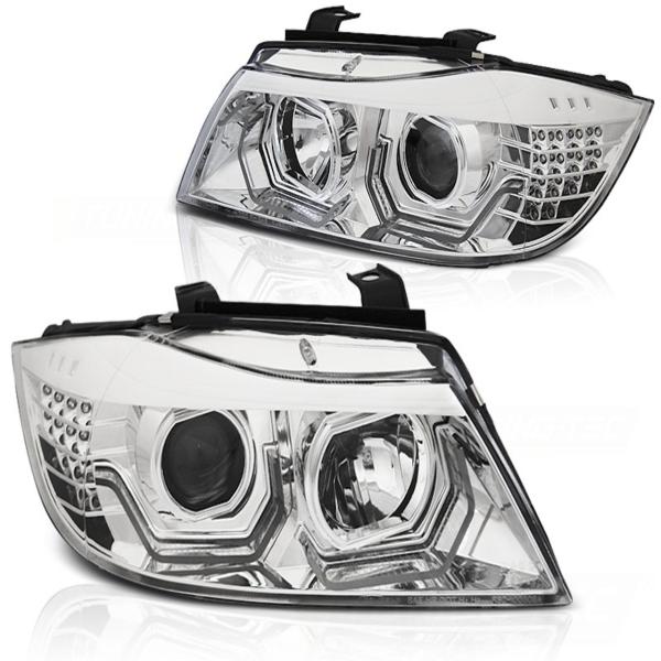 3D LED Angel Eyes Scheinwerfer passend für BMW 3er E90/E91 05-08 chrom mit LED Blinker