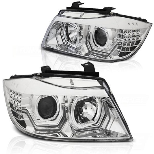 3D LED Angel Eyes Scheinwerfer passend für BMW 3er E90/E91 05-08 chrom mit LED Blinker