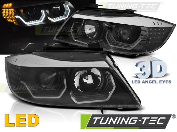 Scheinwerfer 3D Angel Eyes passend für BMW 3er E90 E91 Bj. 05-08 Schwarz mit LED Blinker