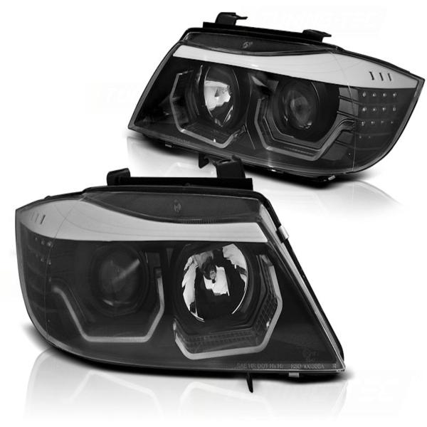 Scheinwerfer 3D Angel Eyes passend für BMW 3er E90 E91 Bj. 05-08 Schwarz mit LED Blinker