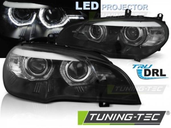 LED DRL Scheinwerfer 3D Angel Eyes passend für BMW X5 E70 Bj. 07-13 Schwarz