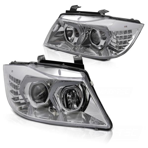 LED Angel Eyes Scheinwerfer Set passend für BMW 3er E90/E91 05-08 chrom mit LED Blinker