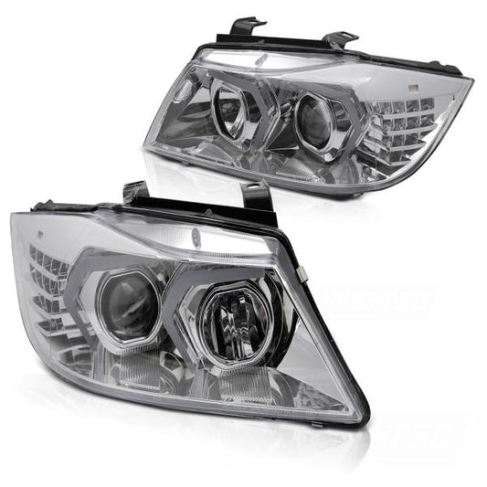 LED Angel Eyes Scheinwerfer Set passend für BMW 3er E90/E91 05-08 chrom mit LED Blinker
