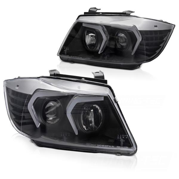 Scheinwerfer 3D Angel Eyes passend für BMW 3er E90 E91 Bj. 05-08 Schwarz mit LED Blinker