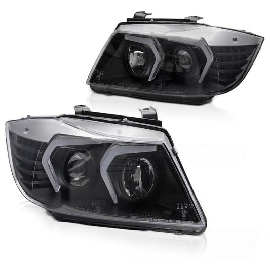 Scheinwerfer 3D Angel Eyes passend für BMW 3er E90 E91 Bj. 05-08 Schwarz mit LED Blinker