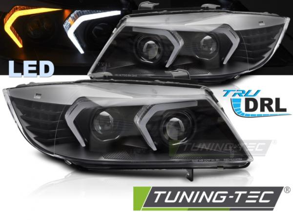 VOLL LED Angel Eyes Scheinwerfer Set passend für BMW 3er E90/E91 05-08 schwarz