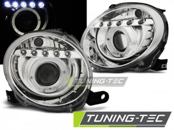 Scheinwerfer Angel Eyes mit LED Leiste passend für Fiat 500 Bj. 07-15 Chrom