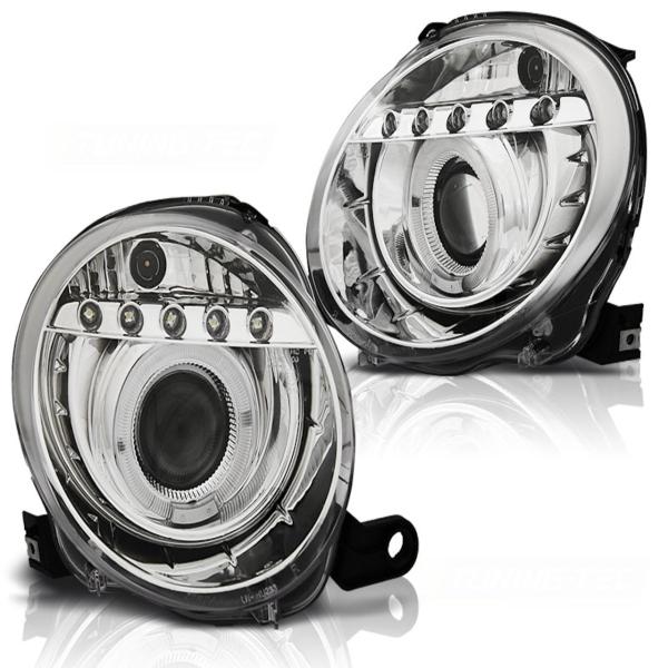 Scheinwerfer Angel Eyes mit LED Leiste passend für Fiat 500 Bj. 07-15 Chrom