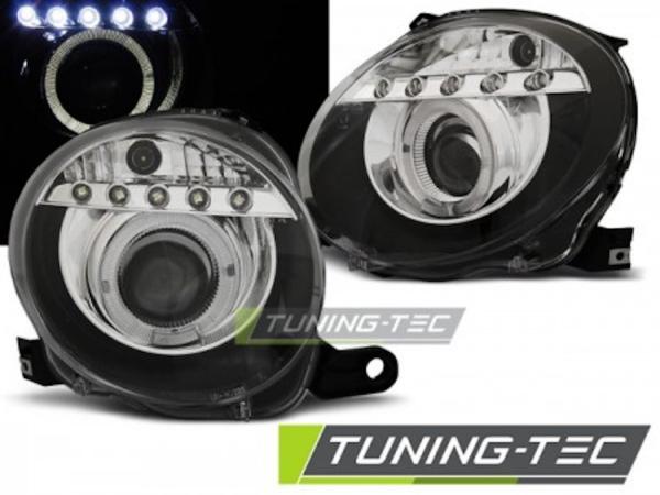 Scheinwerfer Angel Eyes mit LED Leiste passend für Fiat 500 Bj. 07-15 Schwarz