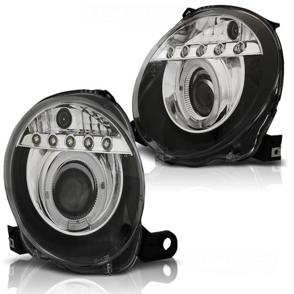 Scheinwerfer Angel Eyes mit LED Leiste passend für Fiat 500 Bj. 07-15 Schwarz