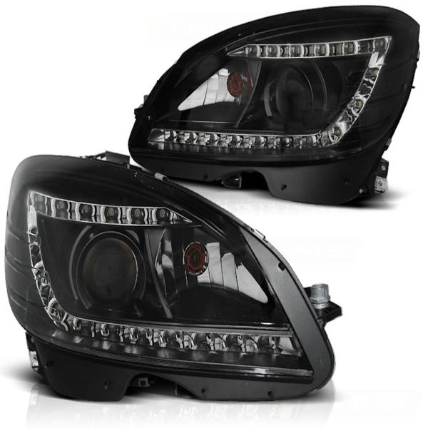 Scheinwerfer LED Tagfahrlicht Optik passend für Mercedes C-Klasse W204 Bj. 07-10 Schwarz
