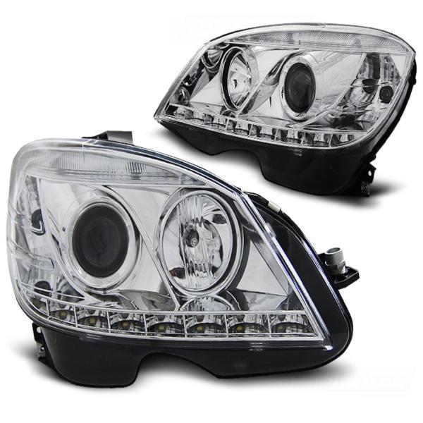 Scheinwerfer LED Tagfahrlicht Optik passend für Mercedes C-Klasse W204 Bj. 07-10 Chrom