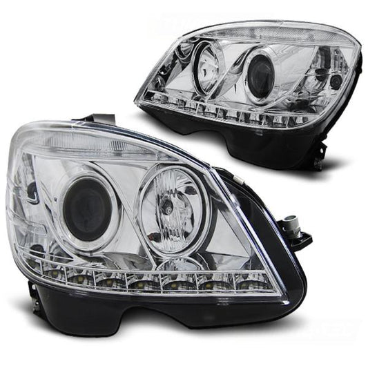 Scheinwerfer LED Tagfahrlicht Optik passend für Mercedes C-Klasse W204 Bj. 07-10 Chrom