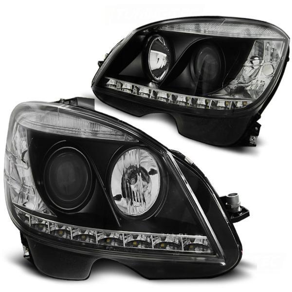 Scheinwerfer LED Tagfahrlicht Optik passend für Mercedes C-Klasse W204 Bj. 07-10 Schwarz