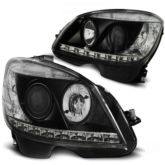 Scheinwerfer LED Tagfahrlicht Optik passend für Mercedes C-Klasse W204 Bj. 07-10 Schwarz