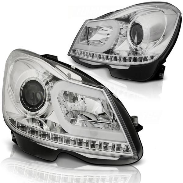 Scheinwerfer LED Tagfahrlicht Optik passend für Mercedes C-Klasse W204 Bj. 11-15 Chrom