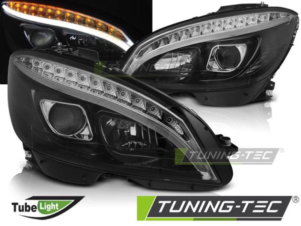 Scheinwerfer Tagfahrlicht Optik passend für Mercedes W204 Bj. 07-11 Schwarz LED Blinker