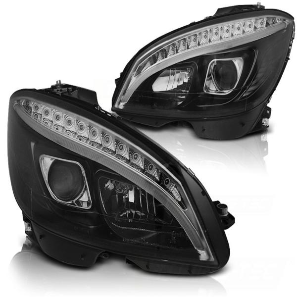 Scheinwerfer Tagfahrlicht Optik passend für Mercedes W204 Bj. 07-11 Schwarz LED Blinker