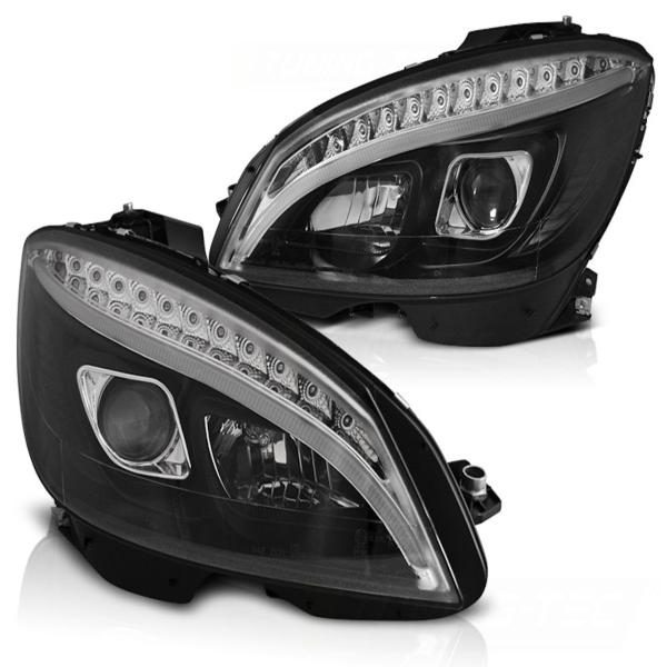 Scheinwerfer LED Tagfahrlicht Optik passend für Mercedes C-Klasse W204 07-10 Schwarz LTI