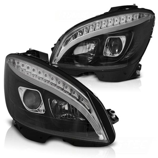 Scheinwerfer LED Tagfahrlicht Optik passend für Mercedes C-Klasse W204 07-10 Schwarz LTI