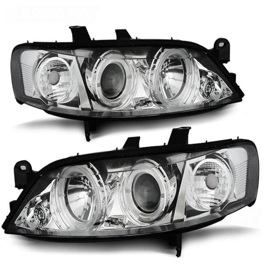 Scheinwerfer Angel Eyes passend für Opel Vectra B Facelift Bj. 99-02 Chrom
