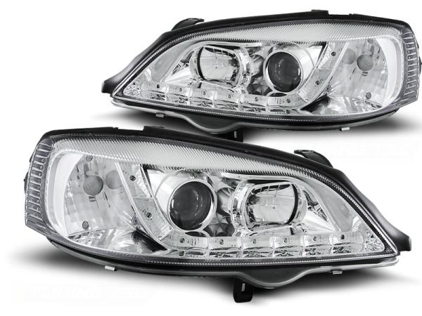 LED Tagfahrlicht Design Scheinwerfer passend für Opel Astra G 98-04 chrom