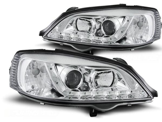 LED Tagfahrlicht Design Scheinwerfer passend für Opel Astra G 98-04 chrom