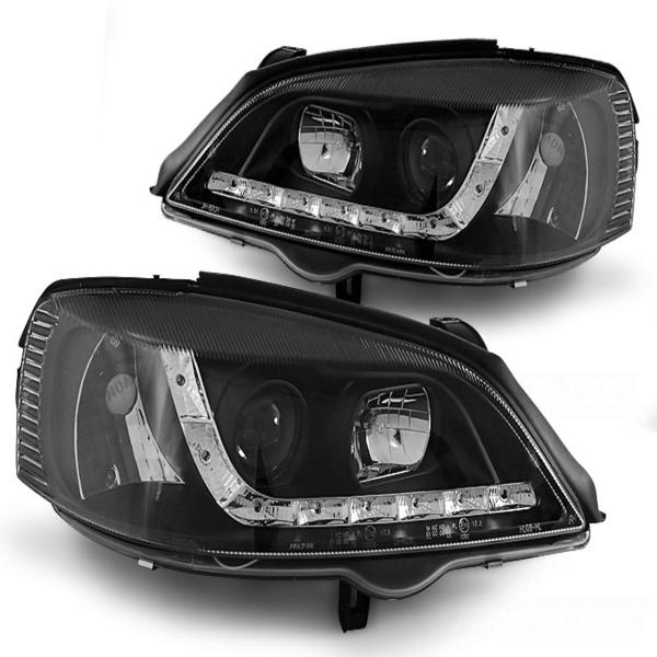 LED Tagfahrlicht Design Scheinwerfer passend für Opel Astra G 98-04 schwarz