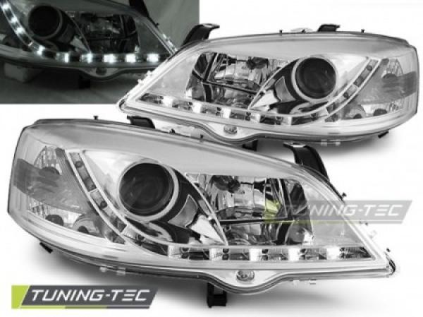 Scheinwerfer LED Tagfahrlicht Optik passend für Opel Astra G Bj. 98-05 Chrom