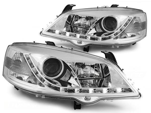 Scheinwerfer LED Tagfahrlicht Optik passend für Opel Astra G Bj. 98-05 Chrom