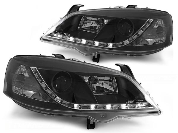 Scheinwerfer LED Tagfahrlicht Optik passend für Opel Astra G Bj. 98-05 Schwarz