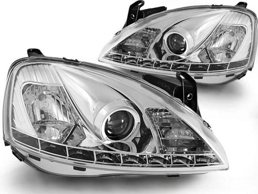 Scheinwerfer LED Tagfahrlicht Optik passend für Opel Corsa C Bj. 00-06 Chrom