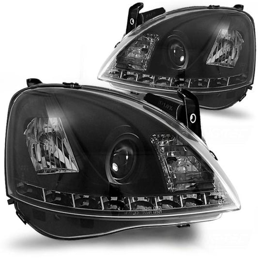 Scheinwerfer LED Tagfahrlicht Optik passend für Opel Corsa C Bj. 00-06 Schwarz