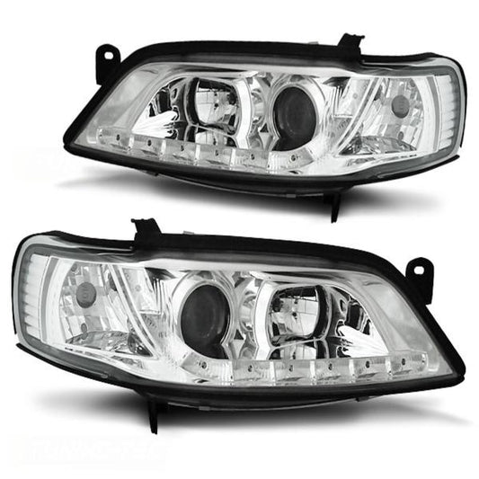 LED Tagfahrlicht Design Scheinwerfer passend für Opel Vectra B Facelift 99-02 chrom