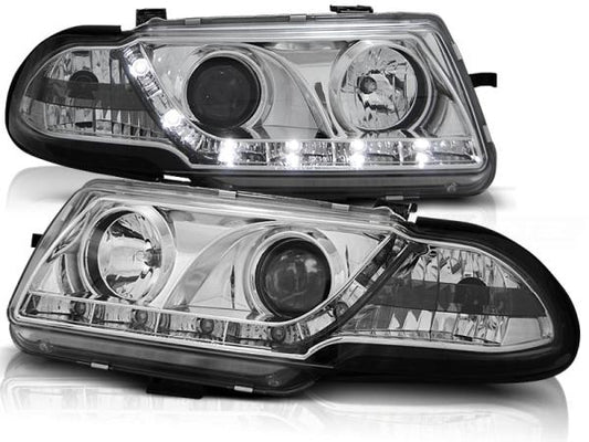 Scheinwerfer LED Tagfahrlicht Optik passend für Opel Astra F Bj. 91-94 Chrom